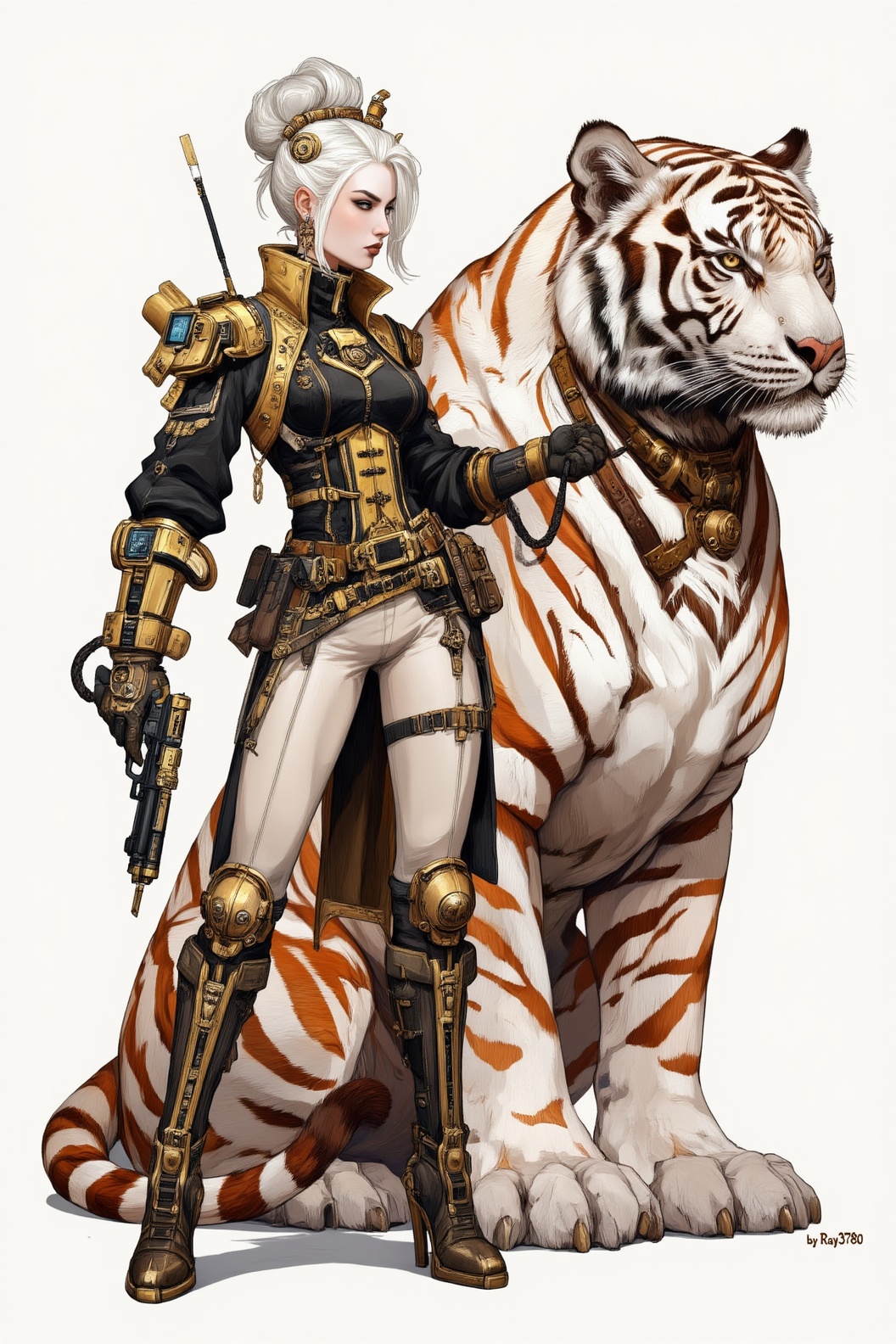 Igor风格插画,  一位未来主义风格的女性角色,  她有着梳成利落发髻的白色头发 on Tensor.Art