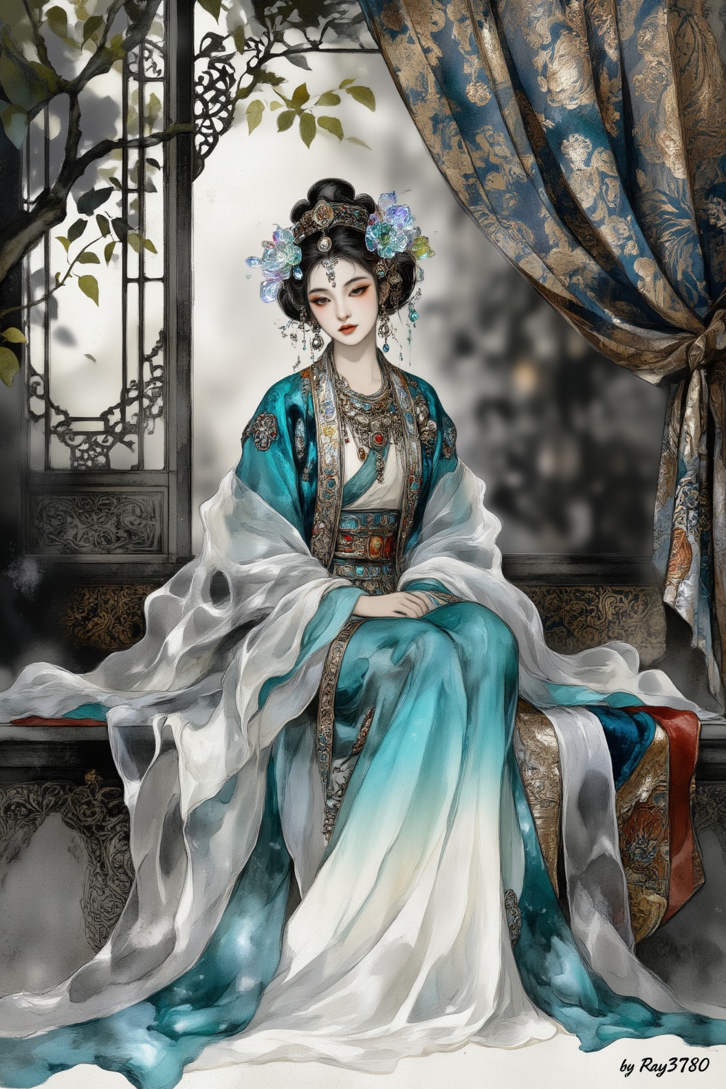 Igor风格插画,  华丽水墨人物插画,  叠涂 on Tensor.Art
