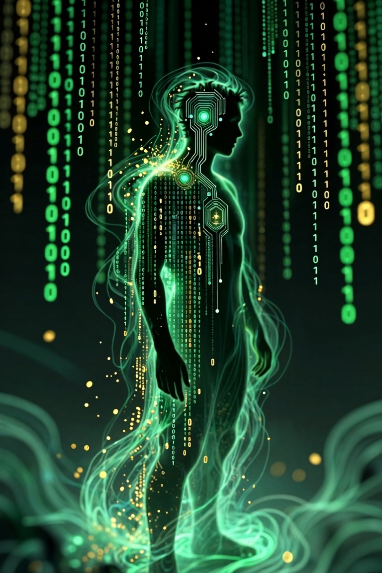Surreal concept art,  human silhouette dissolving into streams of green binary code and golden data particles,  infinite d...