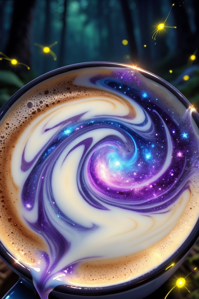 Latte art depicting a magical galaxy swirl,  nebula colors in the milk foam,  purple and blue hues mixed with creamy white...