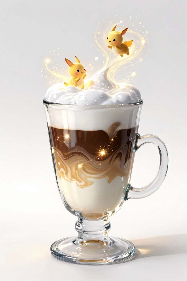 A transparent glass with a latte,  layers of coffee and milk swirling like a magical liquid in the anime fantasy style,  g...