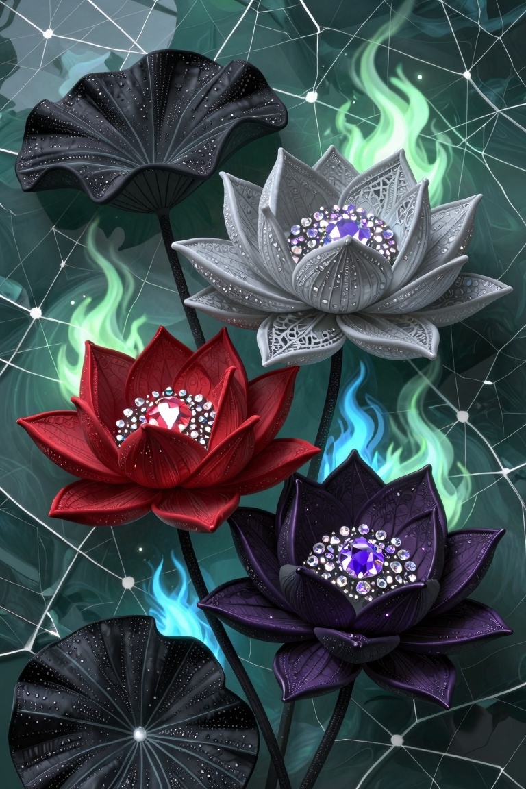 Digital art. A three-dimensional,  abstract,  multi-layered composition of weightless black and crimson lotus flowers on T...