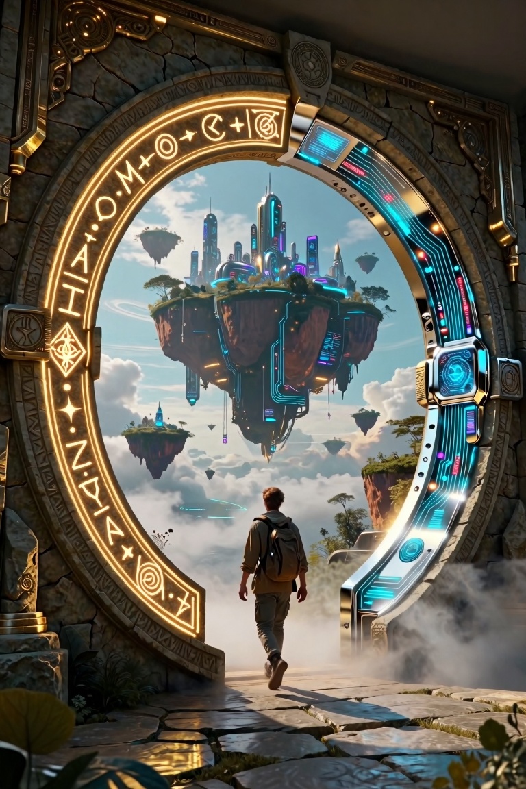 A traveler stepping through a massive circular gateway,  the left half of the portal is made of ancient stone with glowing...