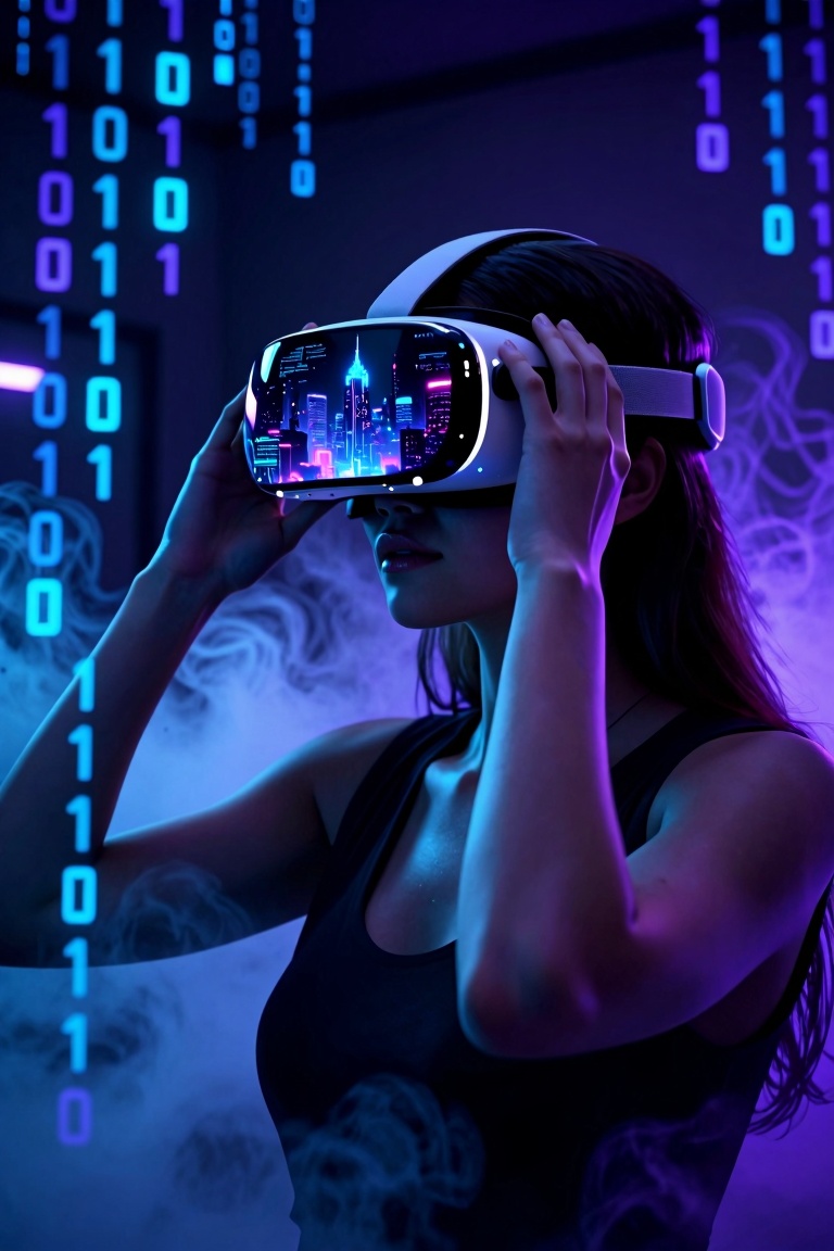 Cinematic shot,  a young woman putting on a futuristic VR headset,  her reflection in the visor shows a glowing cyberpunk...