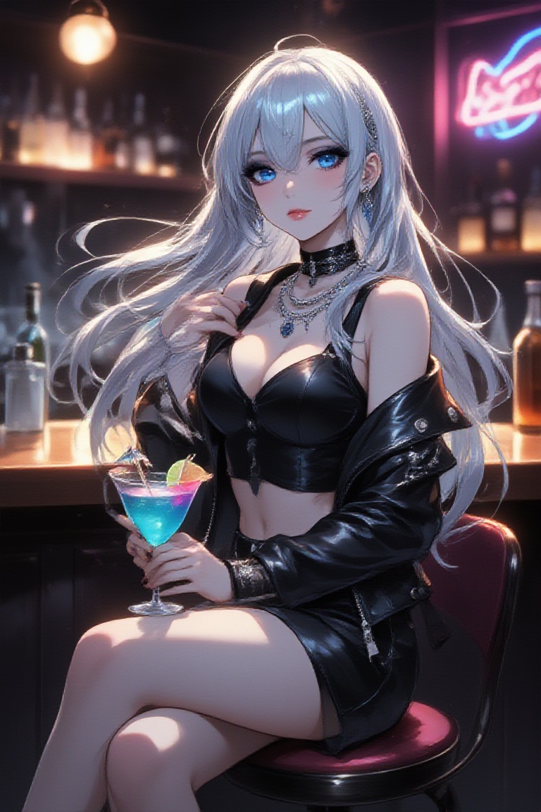 A stunning anime-style close-up portrait of a young woman-anime with long,  flowing shiny silver hair and bright sapphire...
