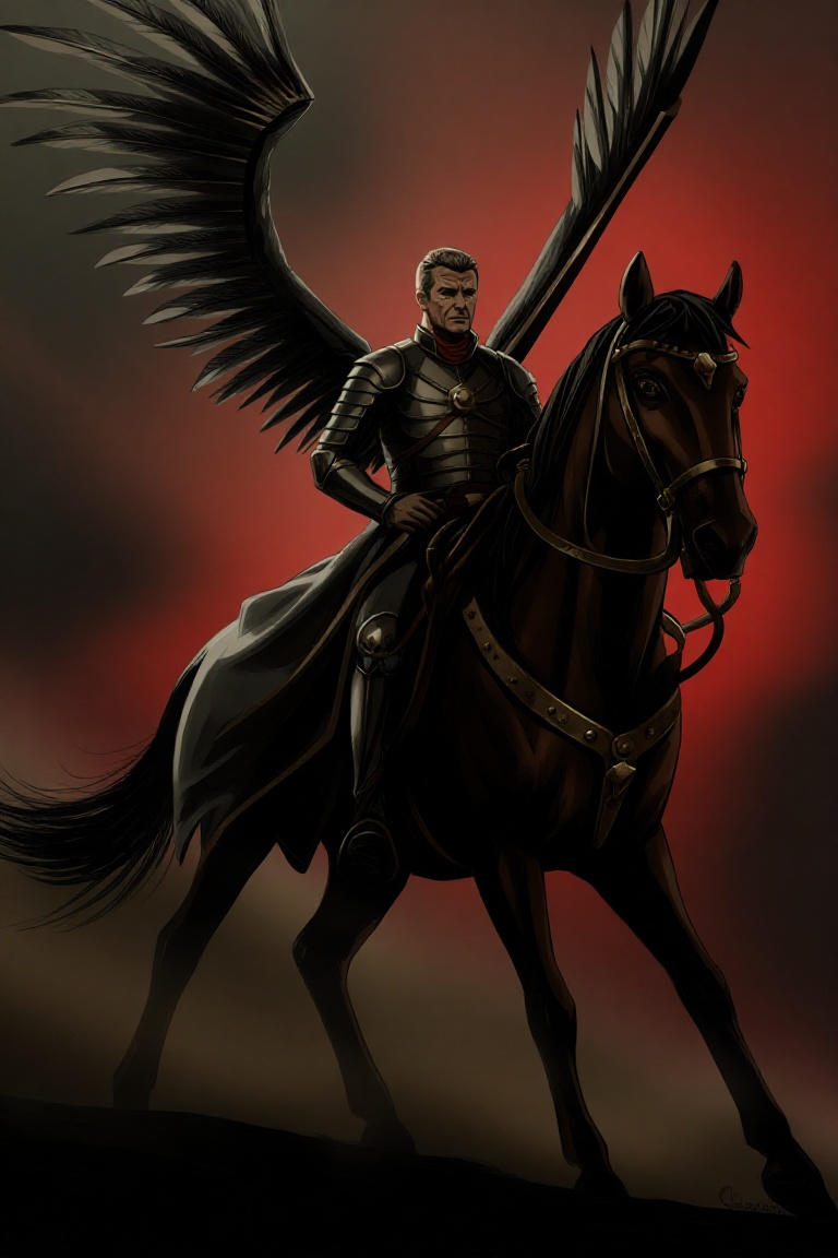 cinematic style illustration of a futuristic male wingedhussar on the horse on Tensor.Art