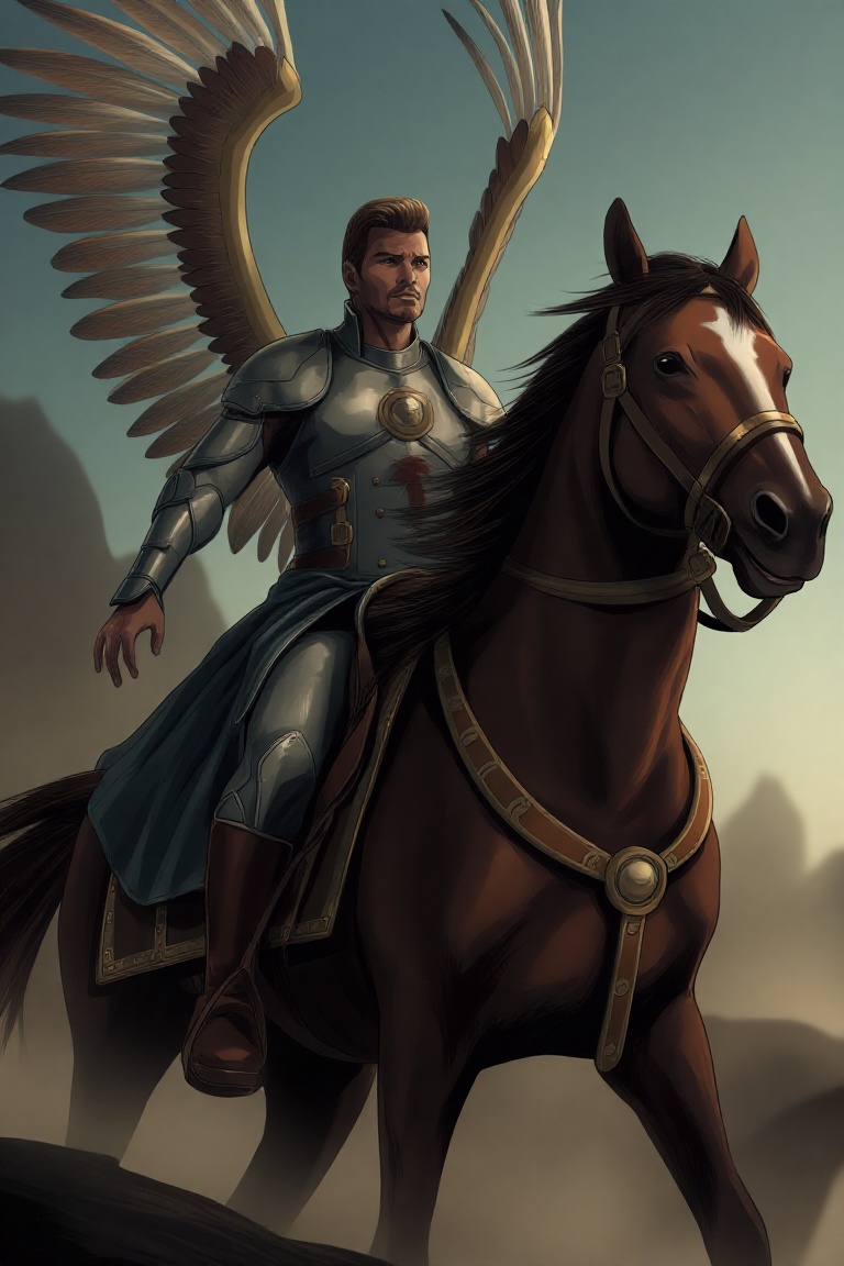 cinematic style illustration of a futuristic male wingedhussar on the horse on Tensor.Art