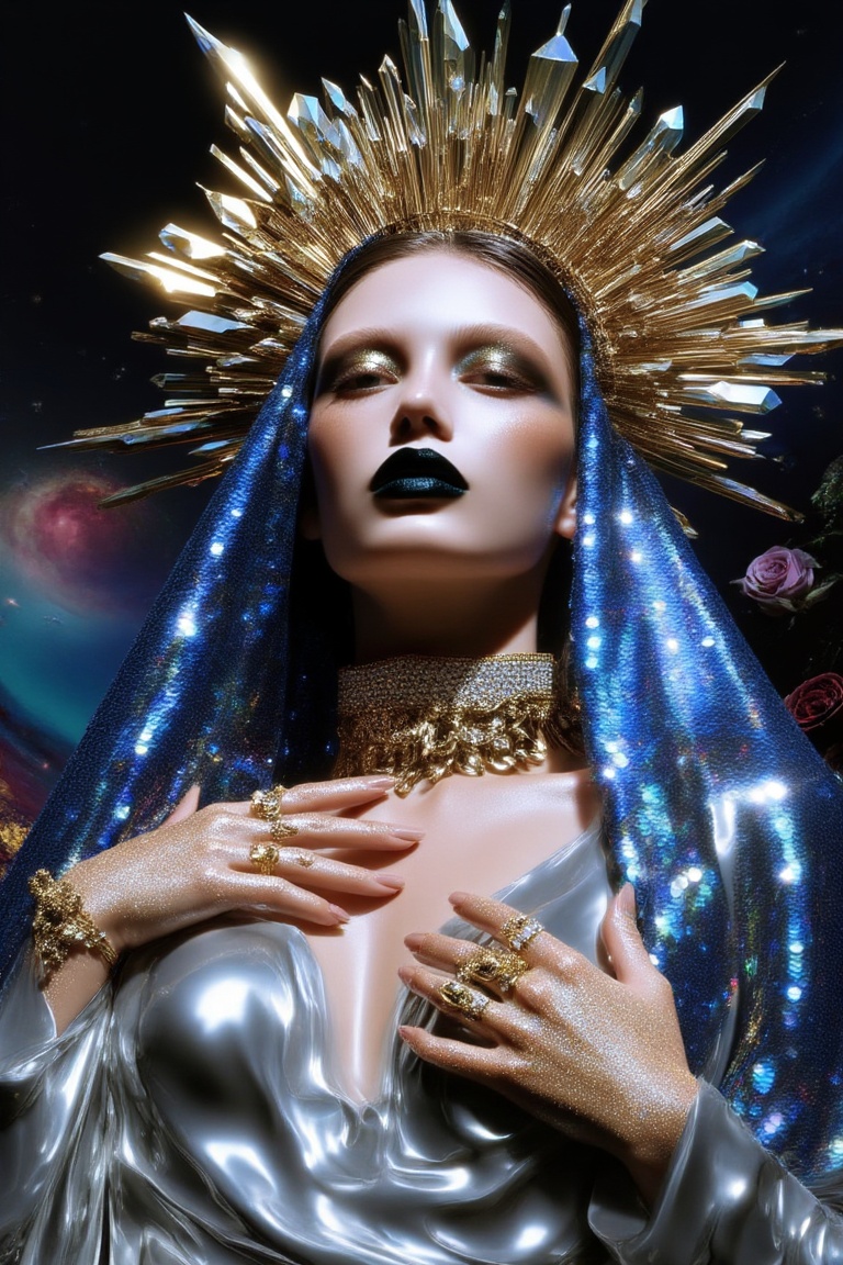 A stunning low-angle portrait of a celestial,  avant-garde goddess with a high-fashion aesthetic. She wears a massive,  in...