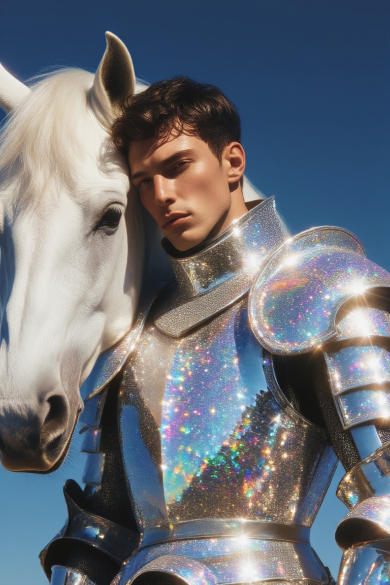A medium shot of an ethereal knight and his white steed under a bright sun. The knight's armor is a masterpiece of craftsm...