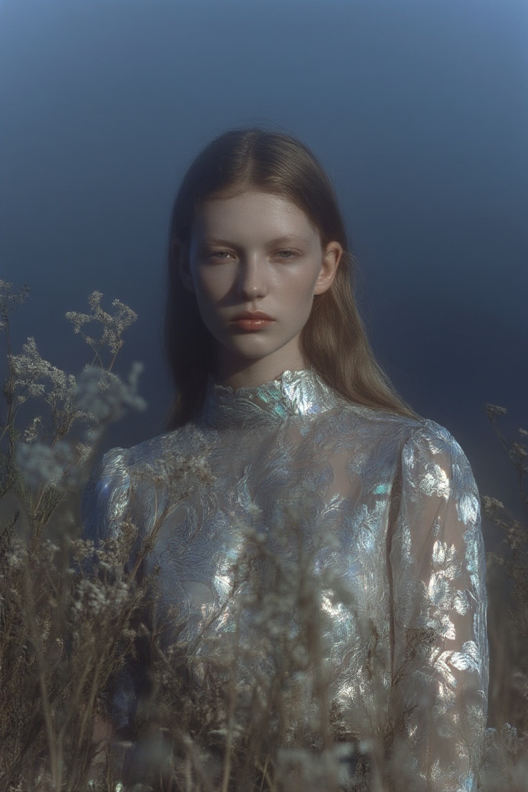 A young woman with fair skin and light brown hair stands centered among tall,  dry wildflowers with feathery white blooms,...