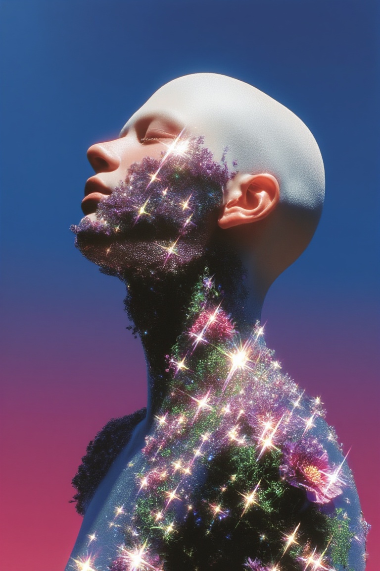 A bald figure with closed eyes tilts their head upward against a gradient sky shifting from deep blue at the top to magent...