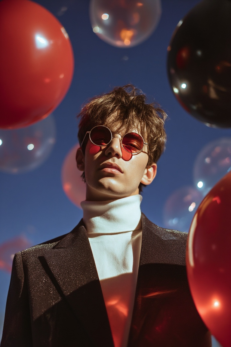 A young man with tousled brown hair wears round red-tinted sunglasses and a white turtleneck beneath a dark,  glitter-dust...