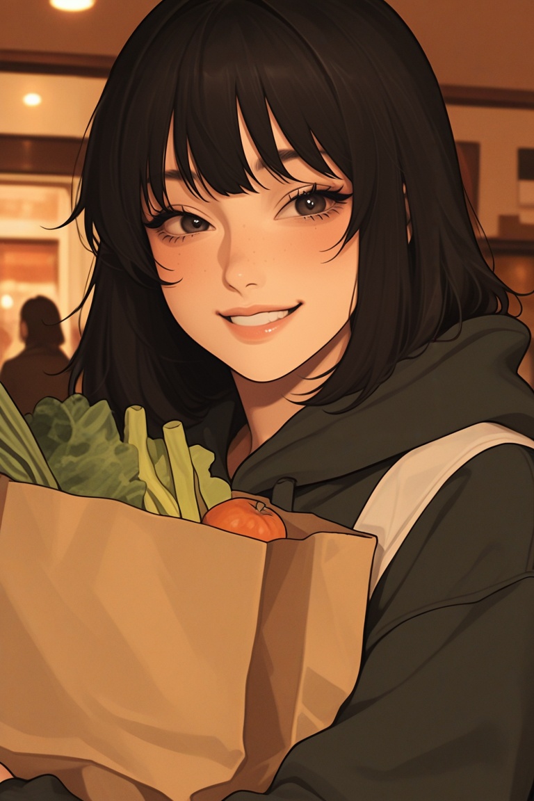 He flex his arm playfully while carrying her groceries,  he then say "I've got this,  don't worry about it." Then he glanc...