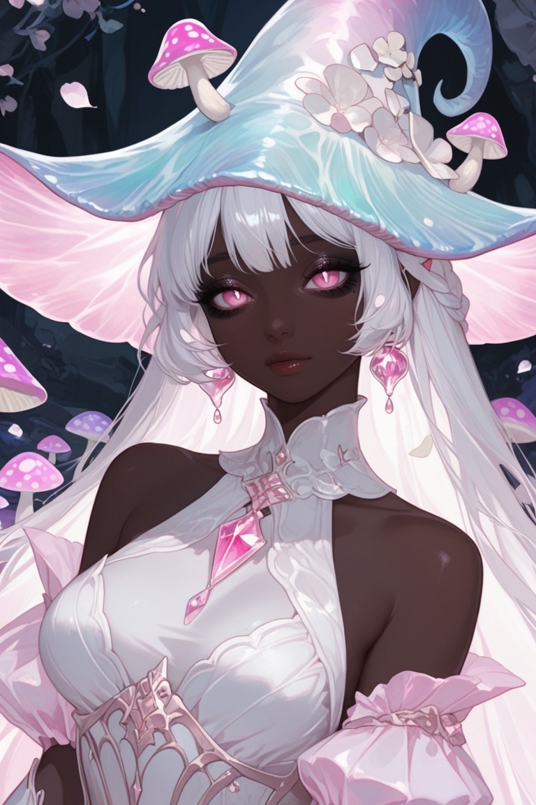 delicate dark skin mushroom girl,  crystal mushroom Head,  ebony deep dark skin Beautiful pink eyes on Tensor.Art