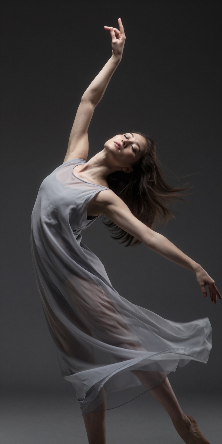 An artistic realistic portrait of a dancer captured mid-motion,  blending sharp realism with expressive motion blur. The s...