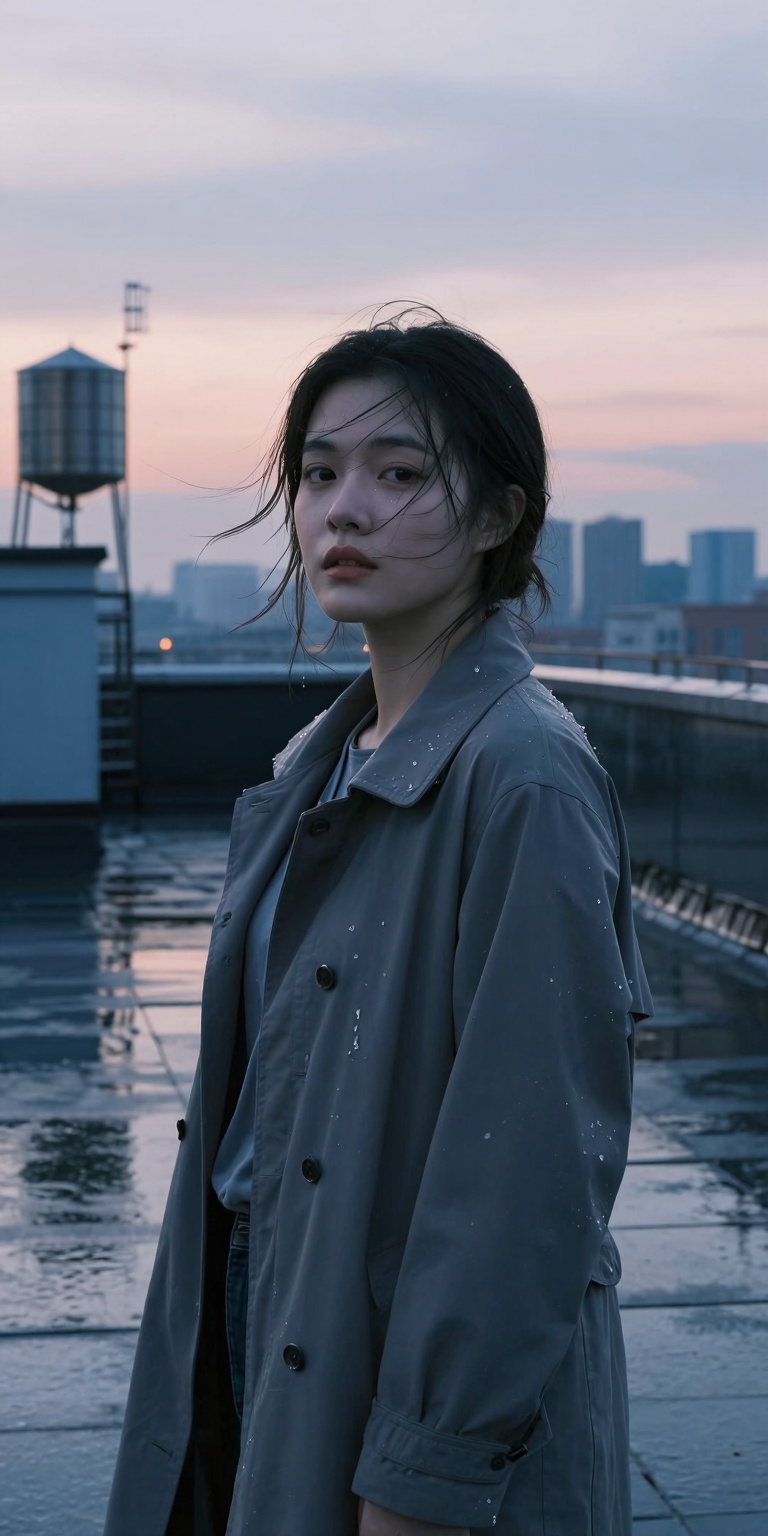 A realistic environmental portrait of a young woman standing on a rain-soaked city rooftop at dawn,  captured in cinematic...