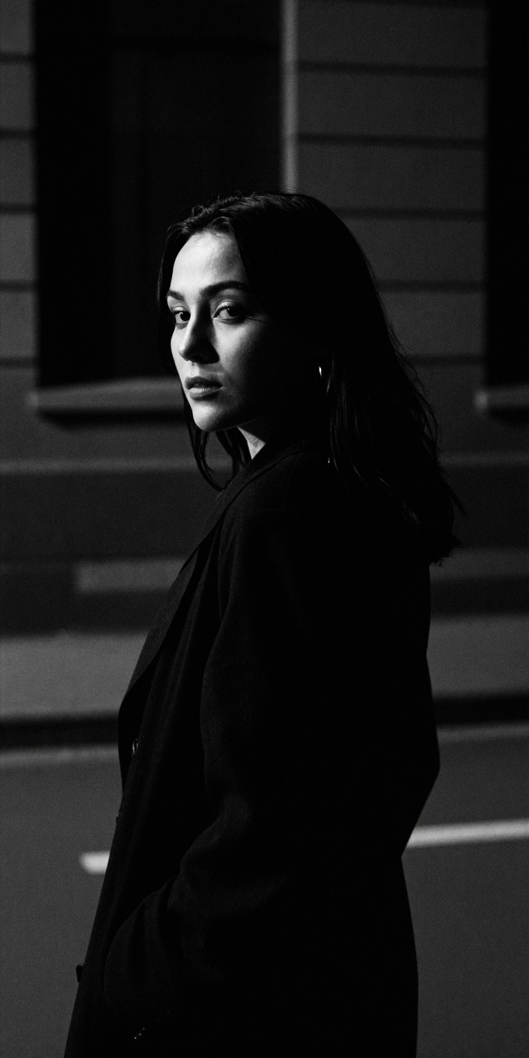 A slow,  deliberate turn of the woman's head to the left dominates the frame,  capturing a dark and mysterious atmosphere....