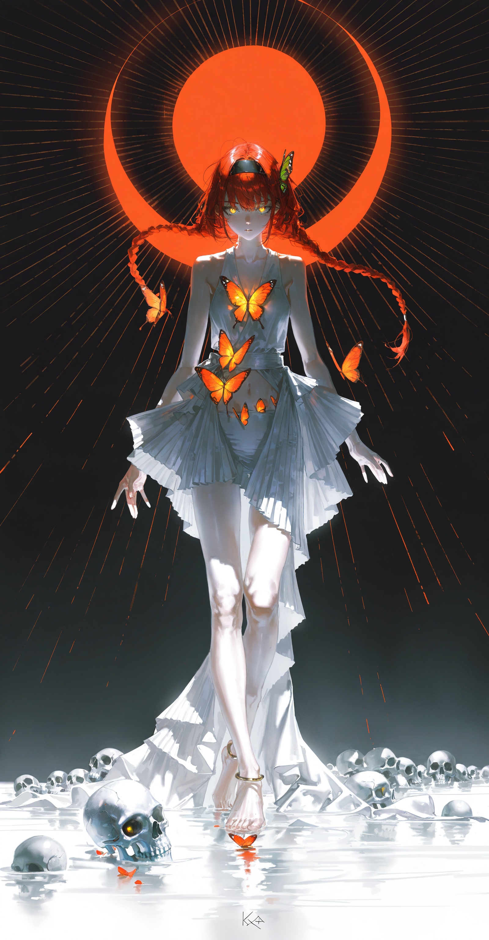 Full-body portrait of Kaoruko Waguri—slim pale skin,  long black messy hair with black hairband,  big blue glassy eyes on...