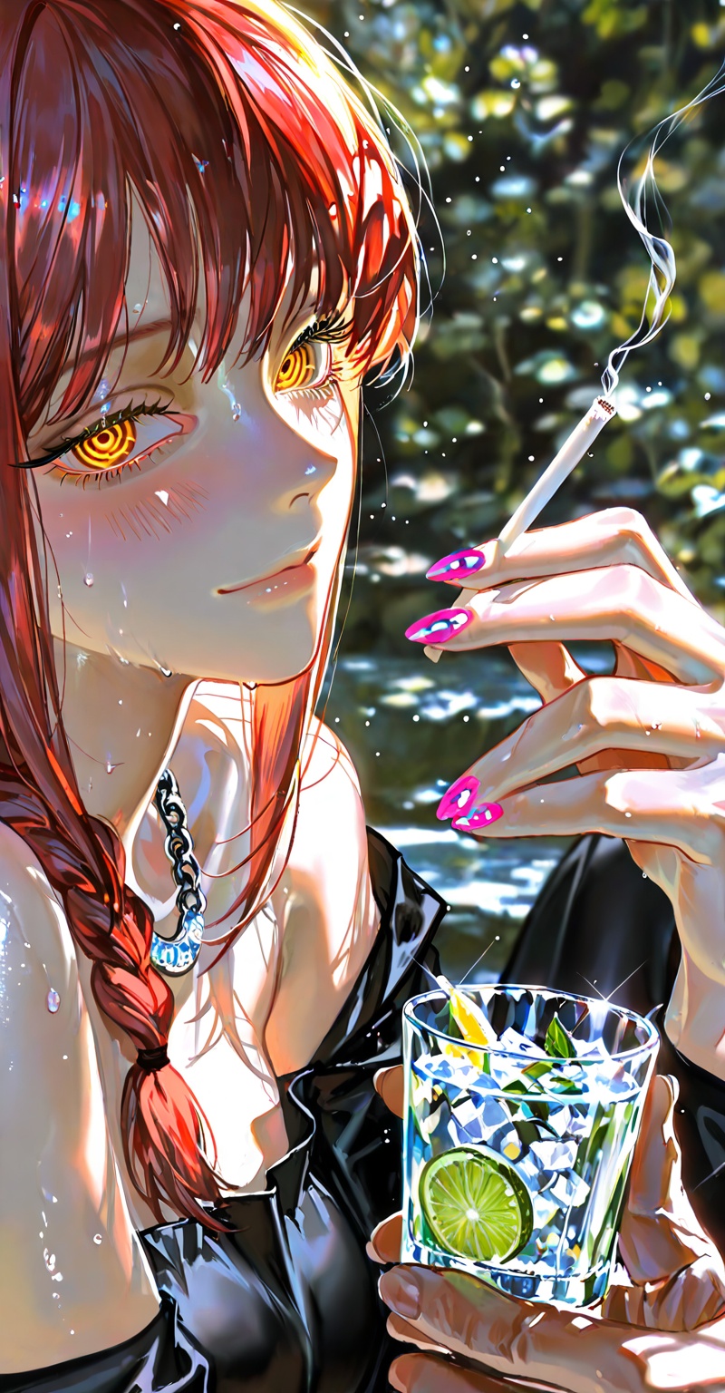 Close-up portrait of Makima from *Chainsaw Man*,  red hair,  golden-ringed expressive yellow eyes on Tensor.Art