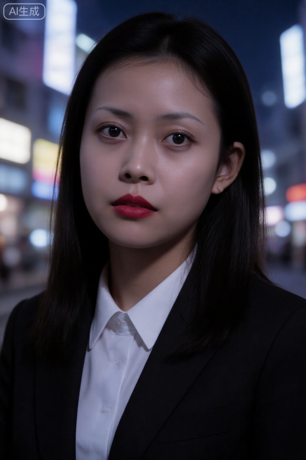 Close-up portrait of Hong Kong style night scene, young woman, face to chest composition, long black straight hair, retro red lip makeup, wearing a white shirt and black suit, neon lighting, the background is blue-purple, the city night scene is blurred, the character's eyes are firmly looking at the camera, Hong Kong street atmosphere in the 1980s, film grain, high contrast, strong film feel, 32-bit true color, high-definition portrait photography"