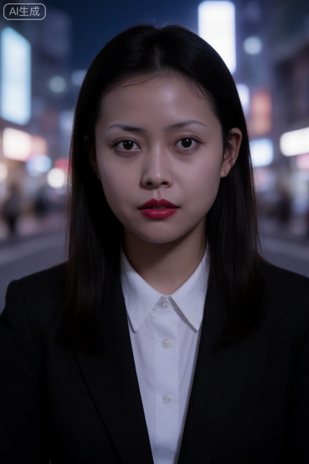 Close-up portrait of Hong Kong style night scene, young woman, face to chest composition, long black straight hair, retro red lip makeup, wearing a white shirt and black suit, neon lighting, the background is blue-purple, the city night scene is blurred, the character's eyes are firmly looking at the camera, Hong Kong street atmosphere in the 1980s, film grain, high contrast, strong film feel, 32-bit true color, high-definition portrait photography"