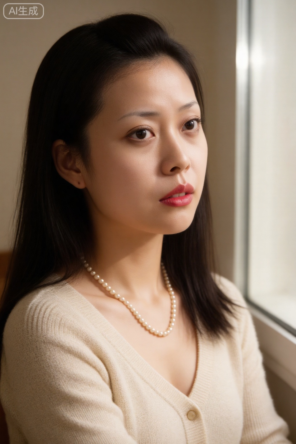 Close-up of Hong Kong style retro portrait, elegant woman, face to chest composition, long straight black hair, retro makeup, bright red lips, wearing a pearl necklace, wearing a light-colored knitted cardigan, natural light comes in from the window, the background is soft beige, the character's eyes are melancholy looking out the window, literary and artistic temperament, film graininess, soft light and shadow, 32-bit true color, high-quality portrait photography