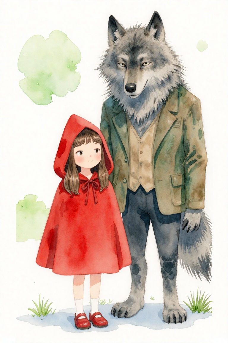 水彩插画,  小红帽女孩和大灰狼 on Tensor.Art
