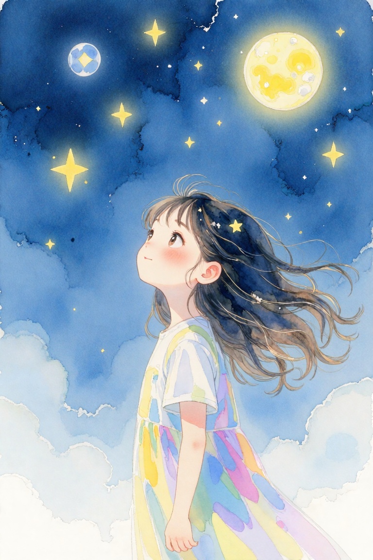 水彩插画,  星空下的小女孩 on Tensor.Art