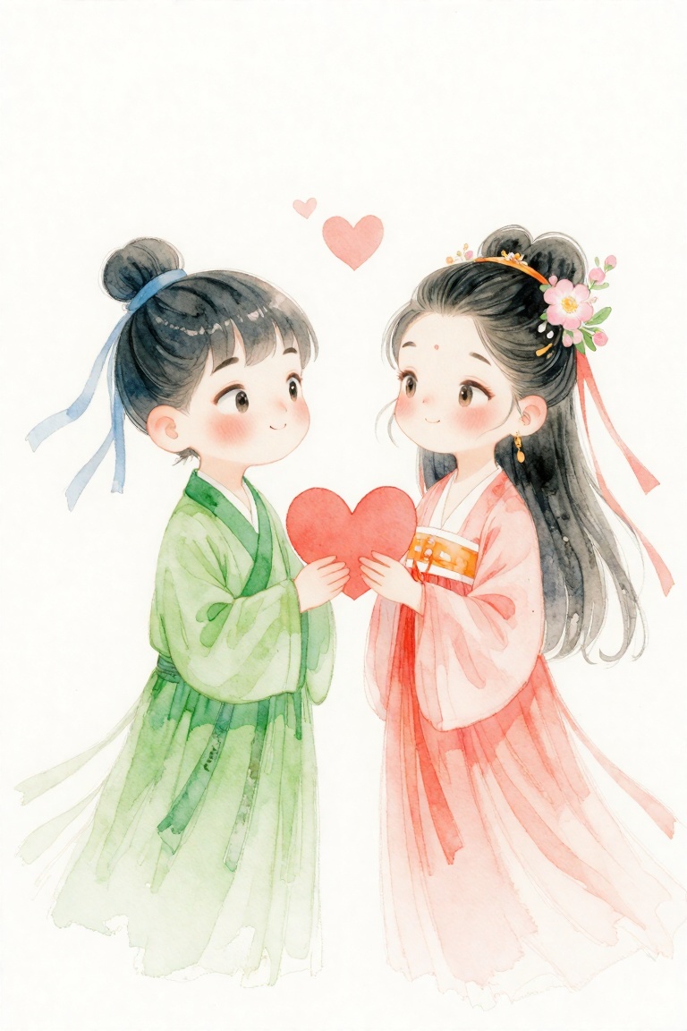 水彩插画,  可爱男孩和女孩,  爱心 on Tensor.Art