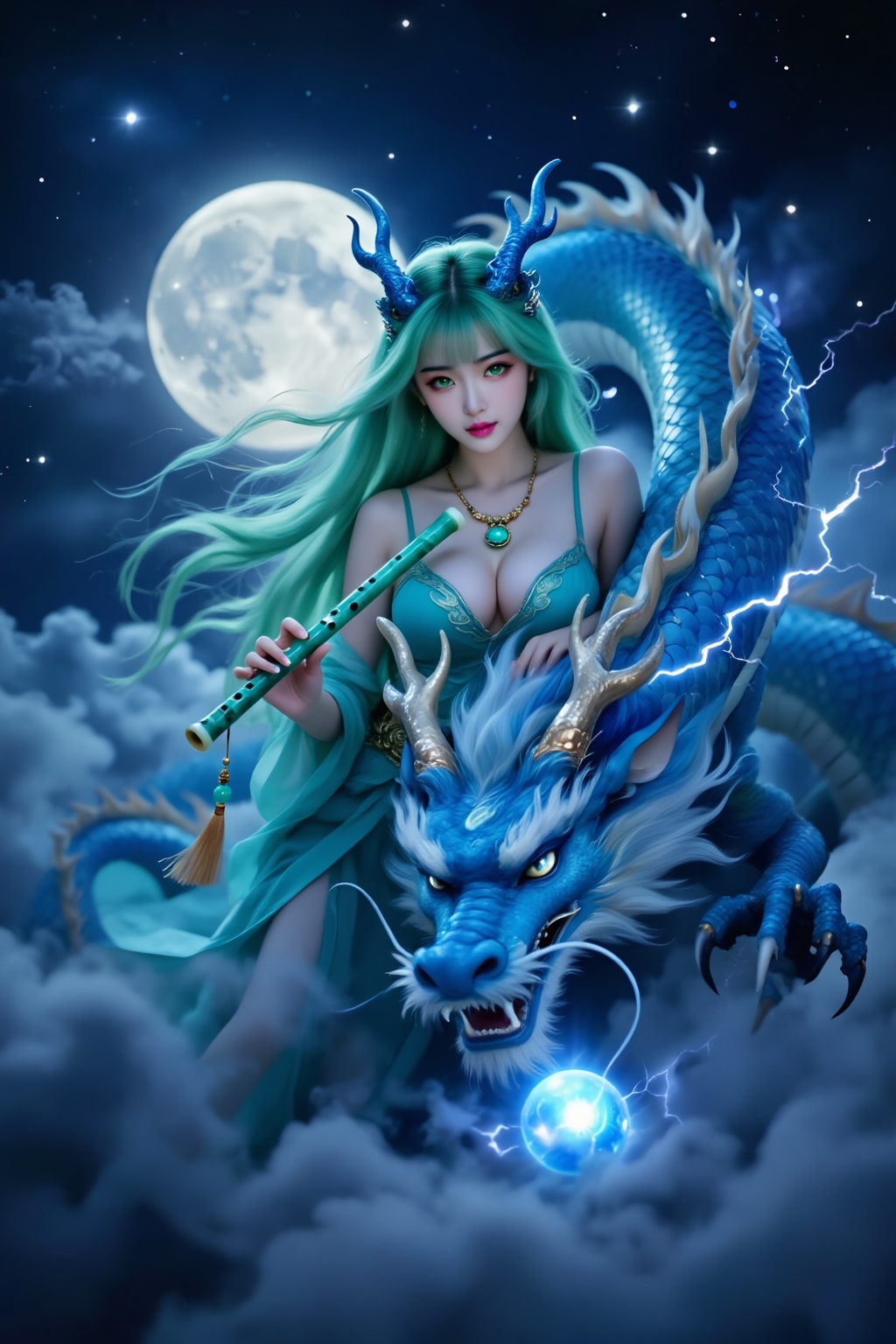 Close-up: depicting a majestic blue dragon. The girl and the blue dragon have a sharp contrast in size,  with the blue dra...