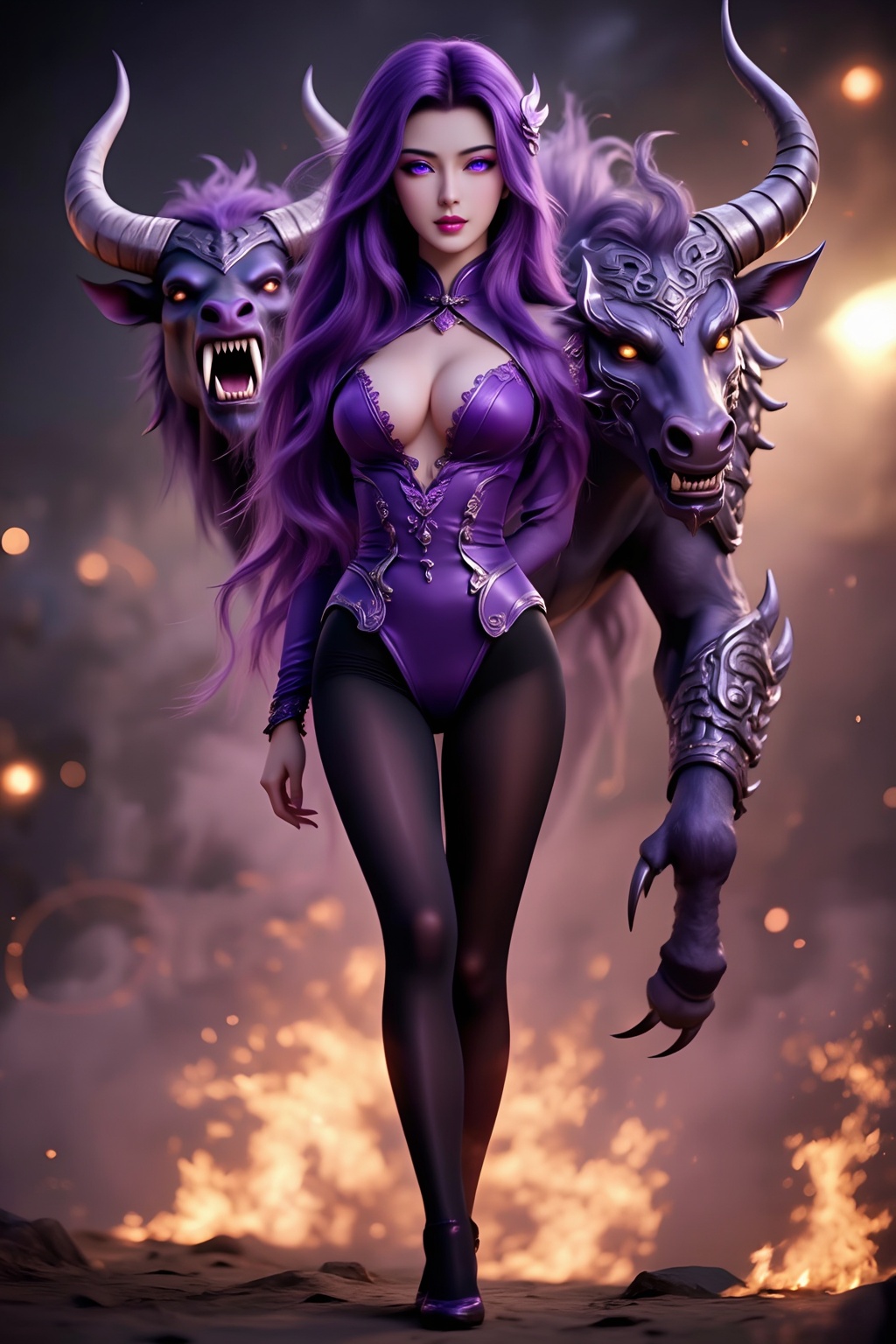 Long purple hair,  open mouth,  hexagonal fangs on Tensor.Art