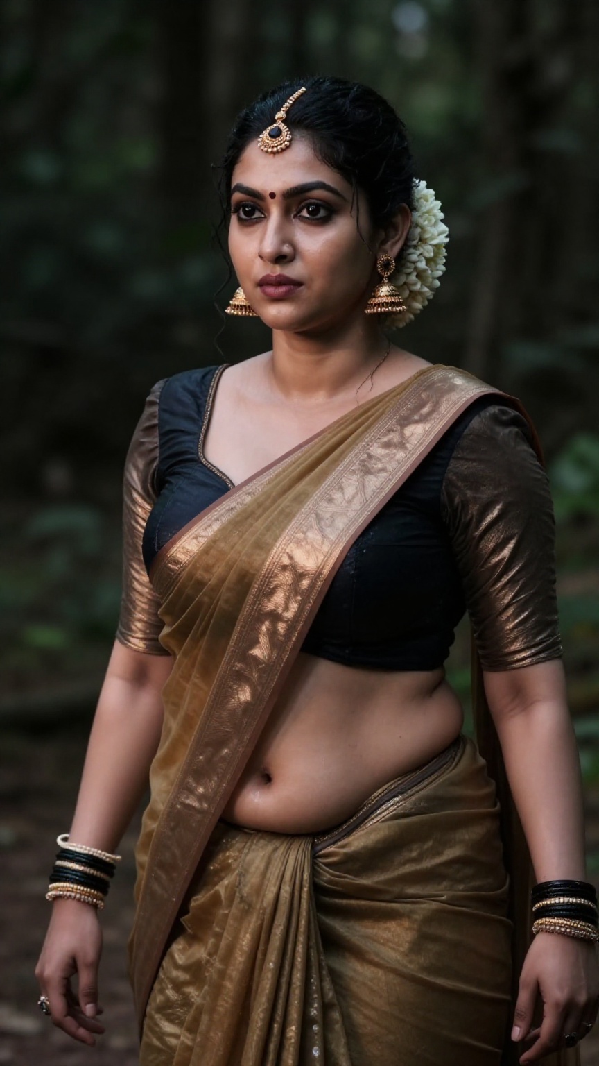 Create a curvy woman with enormous breasts,  saree and blouse,  Low waisted saree on Tensor.Art