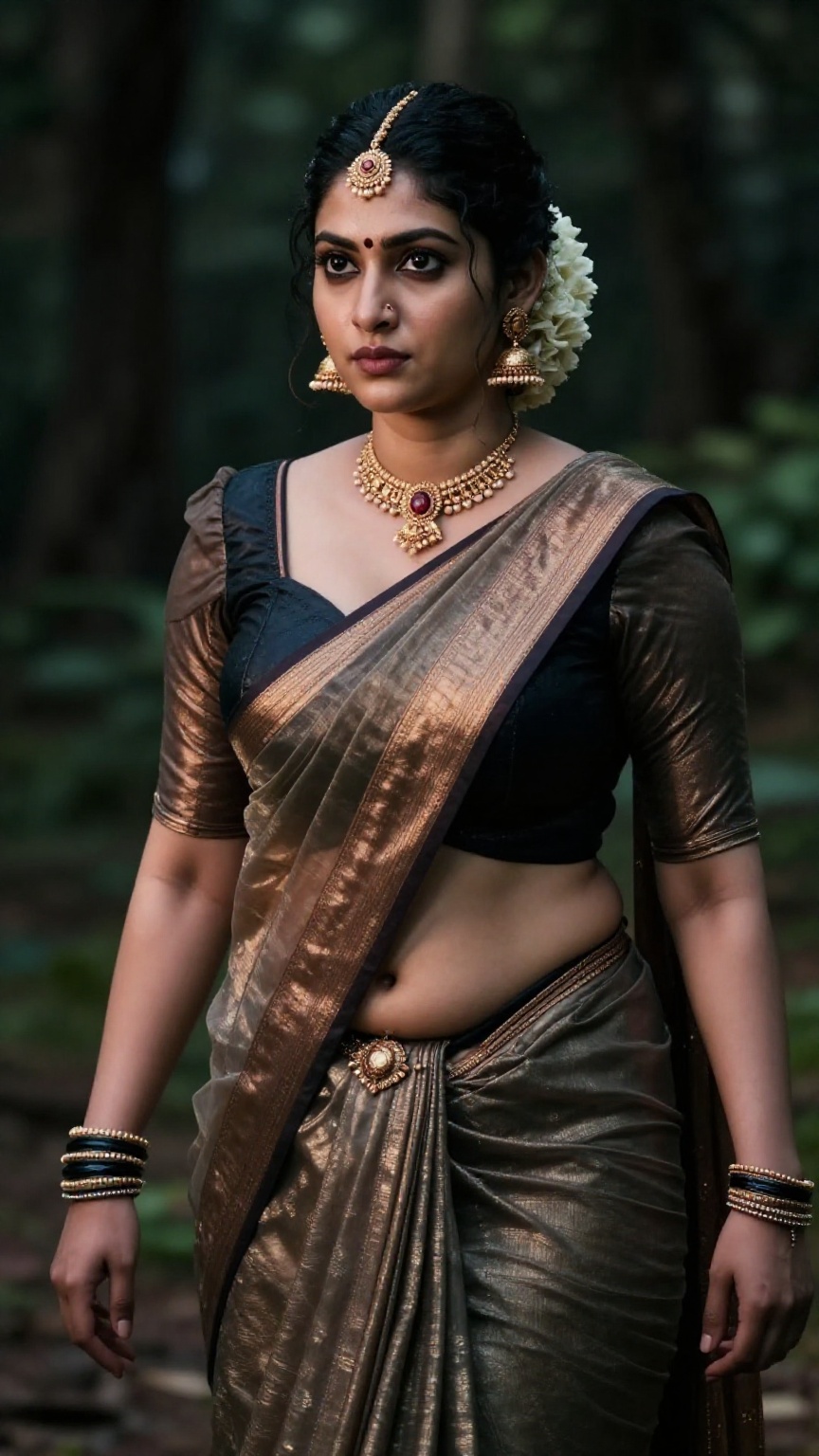 Create a curvy woman with enormous breasts,  saree and blouse,  Low waisted saree on Tensor.Art