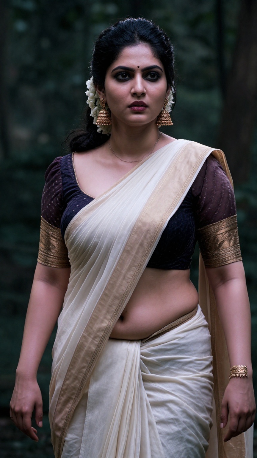 Create a curvy woman with enormous breasts,  saree and blouse,  Low waisted saree on Tensor.Art