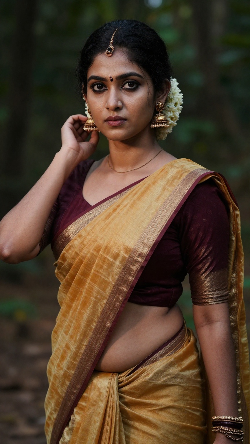 Create a young woman with saree and blouse,  Low waisted saree,  navel show on Tensor.Art