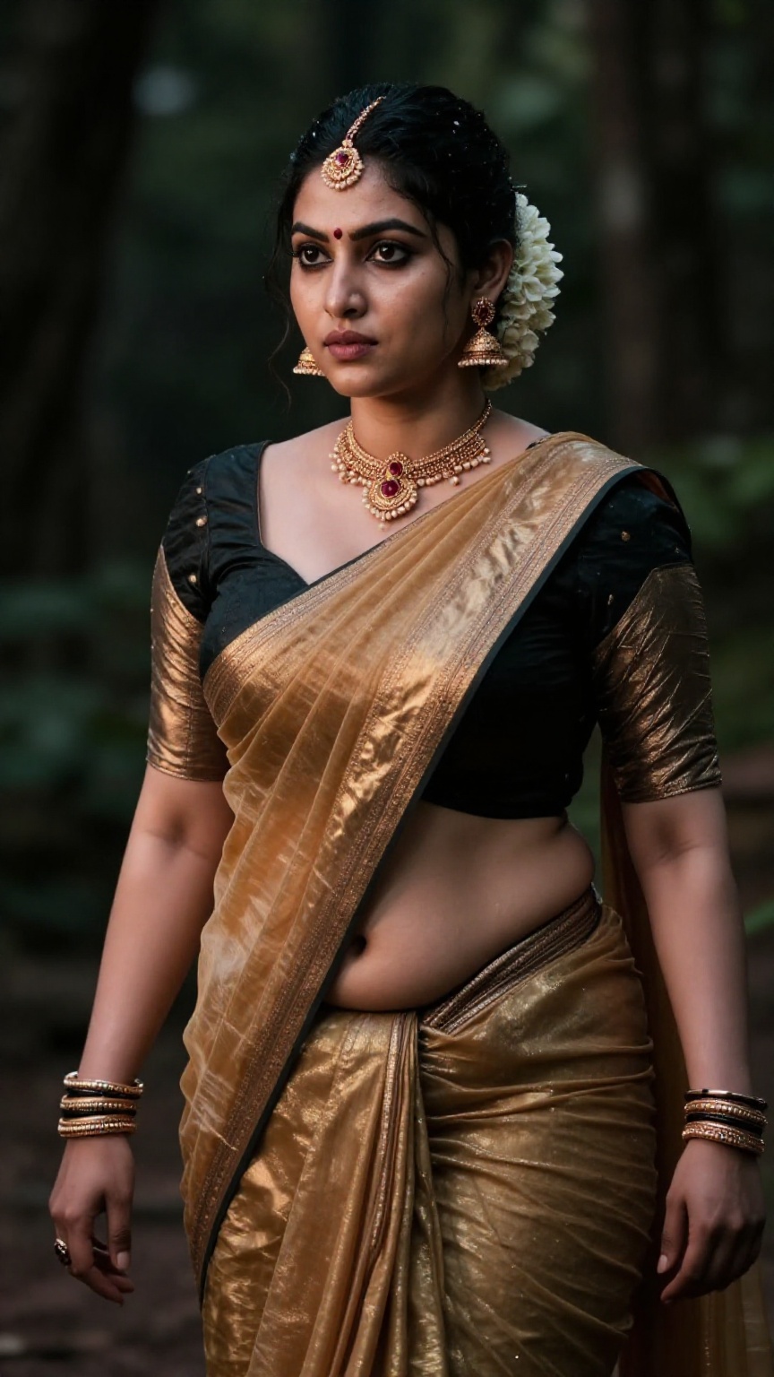 Create a curvy woman with enormous breasts,  saree and blouse,  Low waisted saree on Tensor.Art