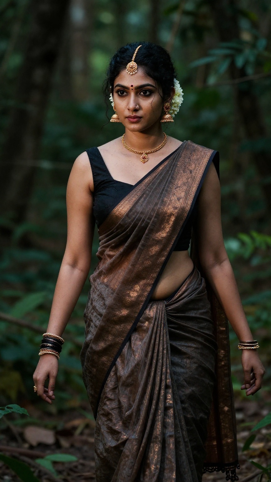 Create a young woman adorned in a traditional Kerala saree and blouse. The saree is low-waisted,  revealing a hint of her...
