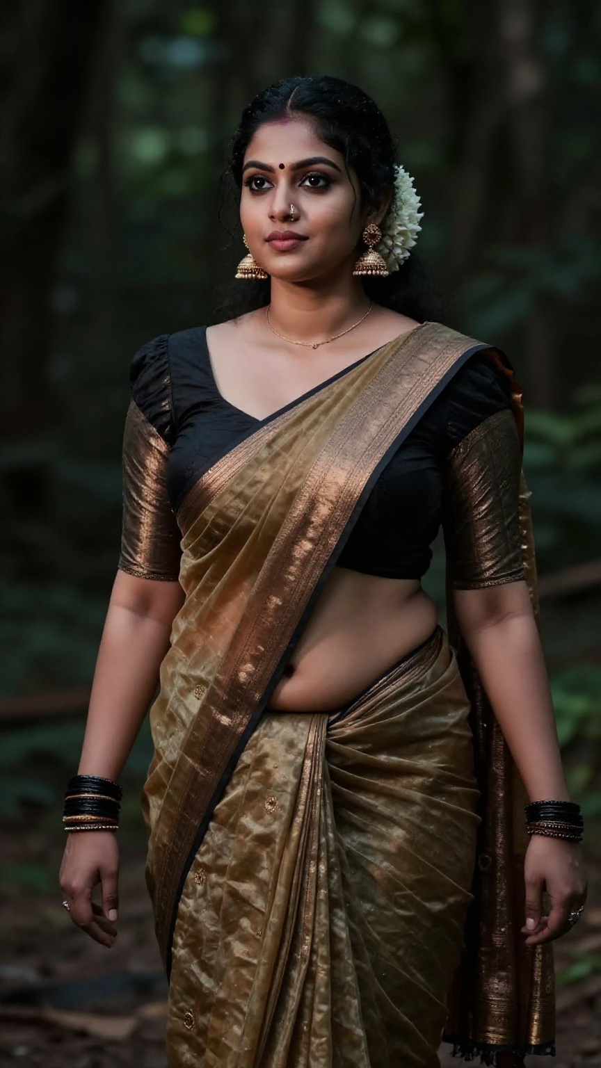 Create a curvy woman with enormous breasts,  saree and blouse,  Low waisted saree on Tensor.Art