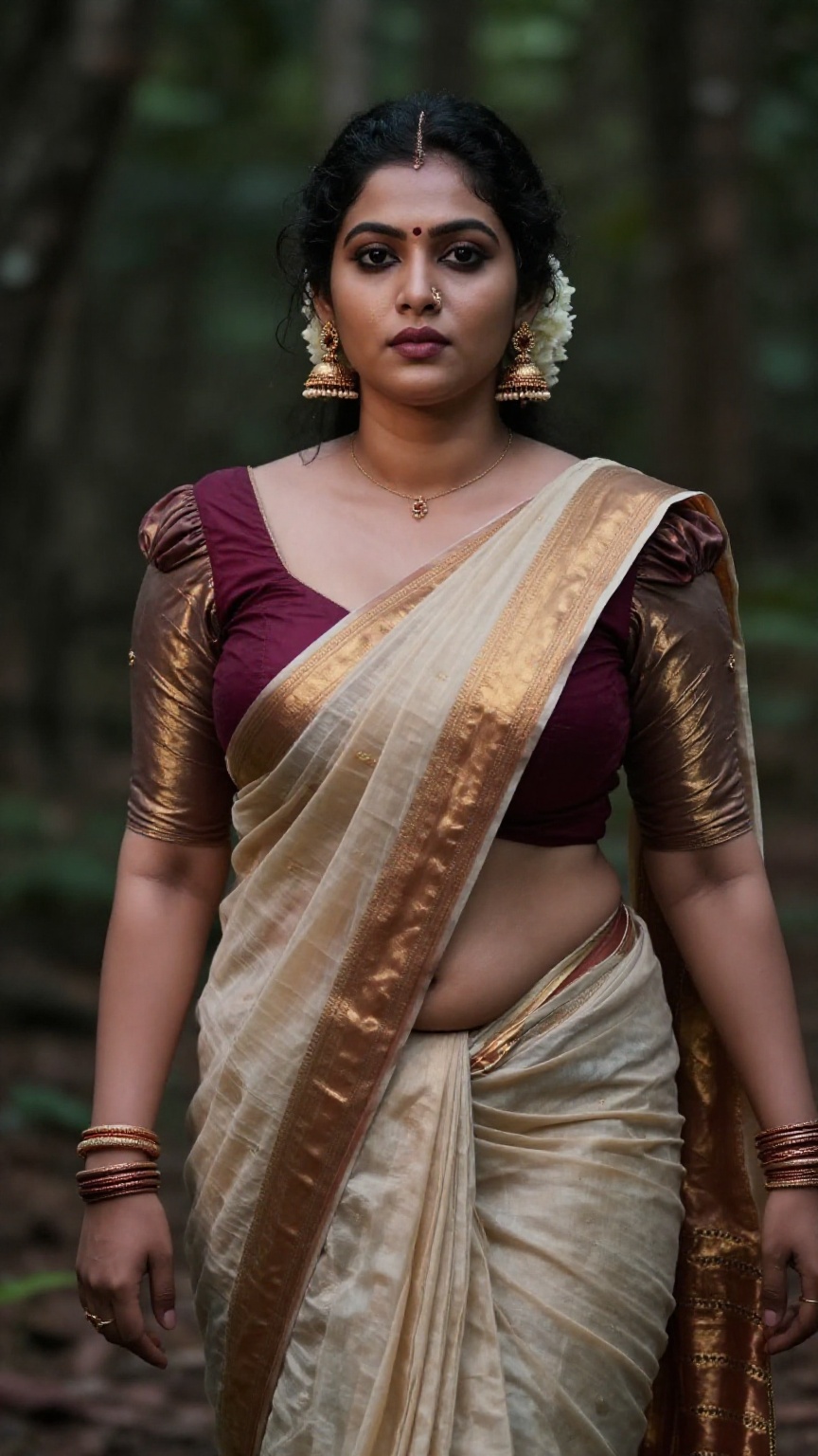 Create a curvy woman with enormous breasts,  saree and blouse,  Low waisted saree on Tensor.Art