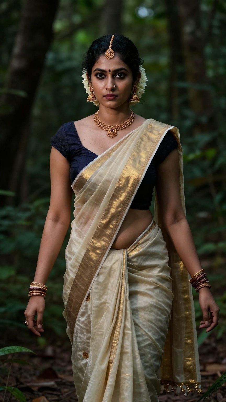 Create a young woman adorned in a traditional Kerala saree and blouse. The saree is low-waisted,  revealing a hint of her...
