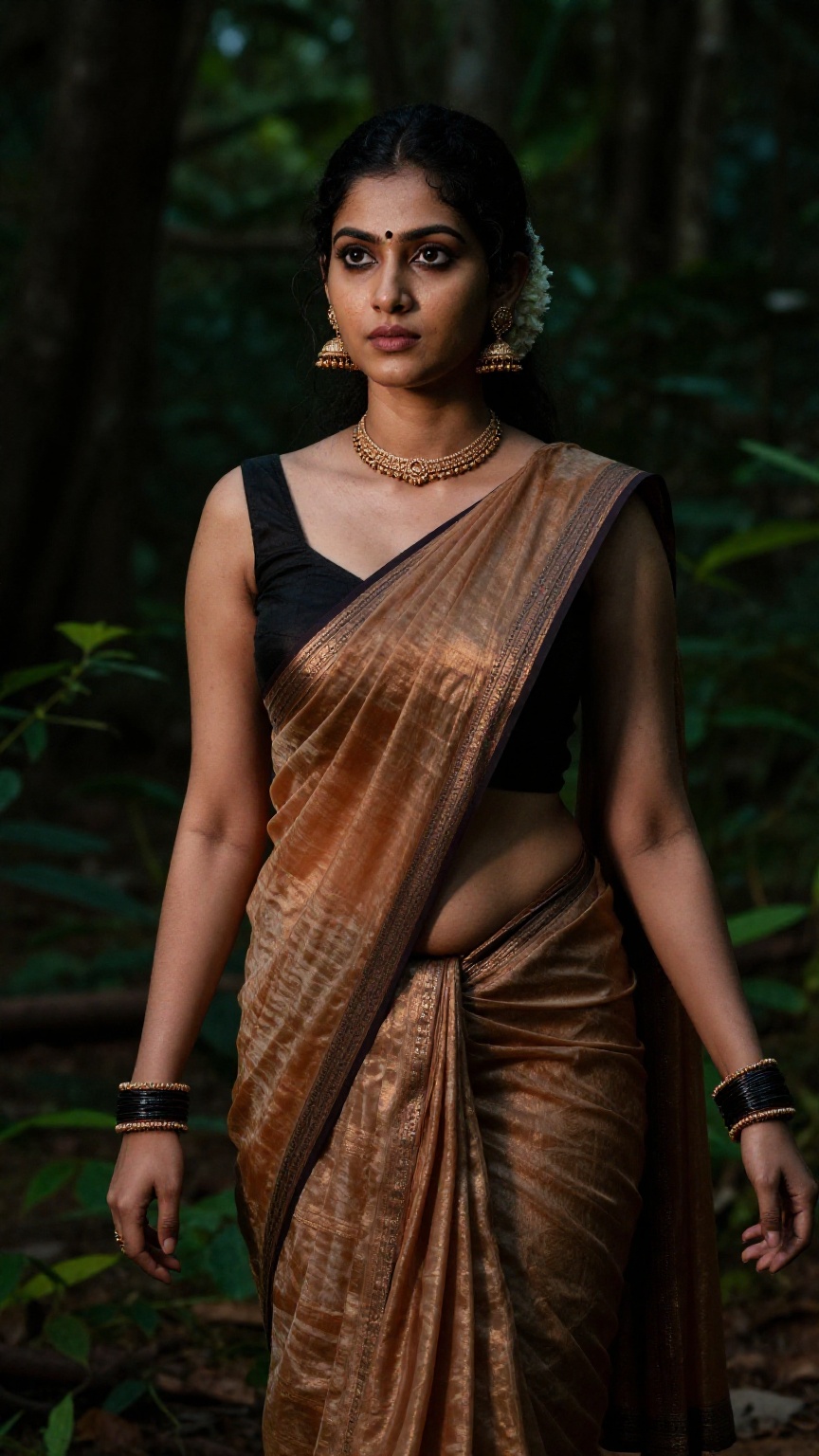 Create a young woman with a saree and blouse. The saree is low waisted,  revealing a hint of navel,  and is adorned with t...