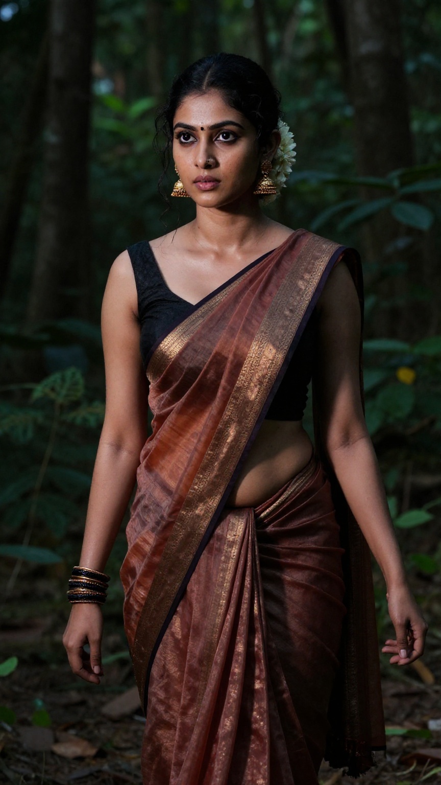 Create a young woman with a saree and blouse. The saree is low waisted,  revealing a hint of navel,  and is adorned with t...