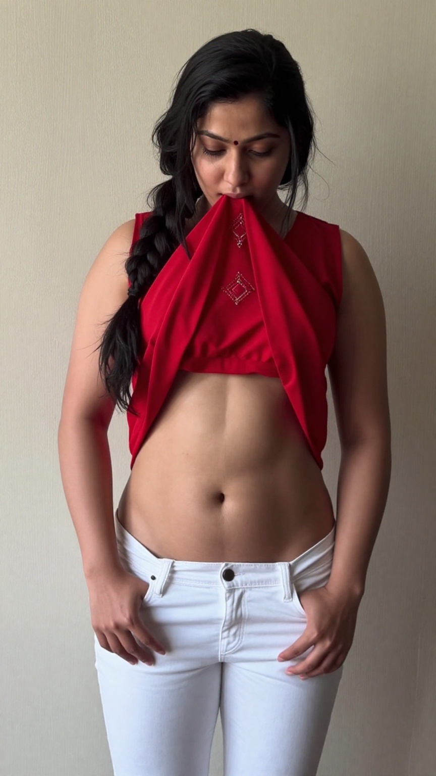 A realistic medium shot of a young Indian woman standing indoors against a plain,  textured beige wall. She has long,  dar...