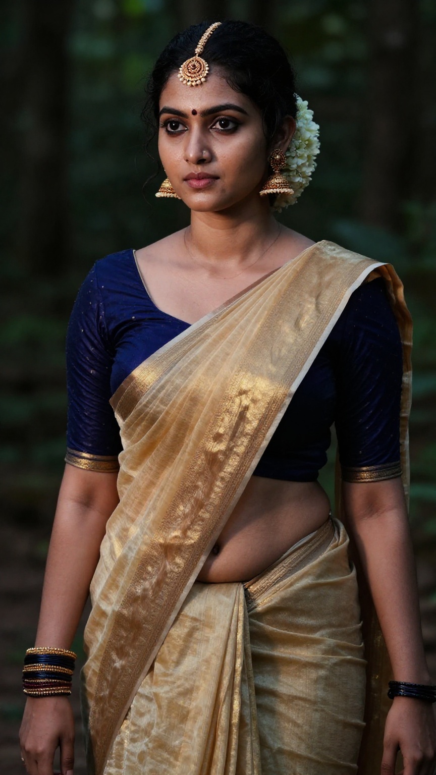 Create a young woman with saree and blouse,  Low waisted saree,  navel show on Tensor.Art