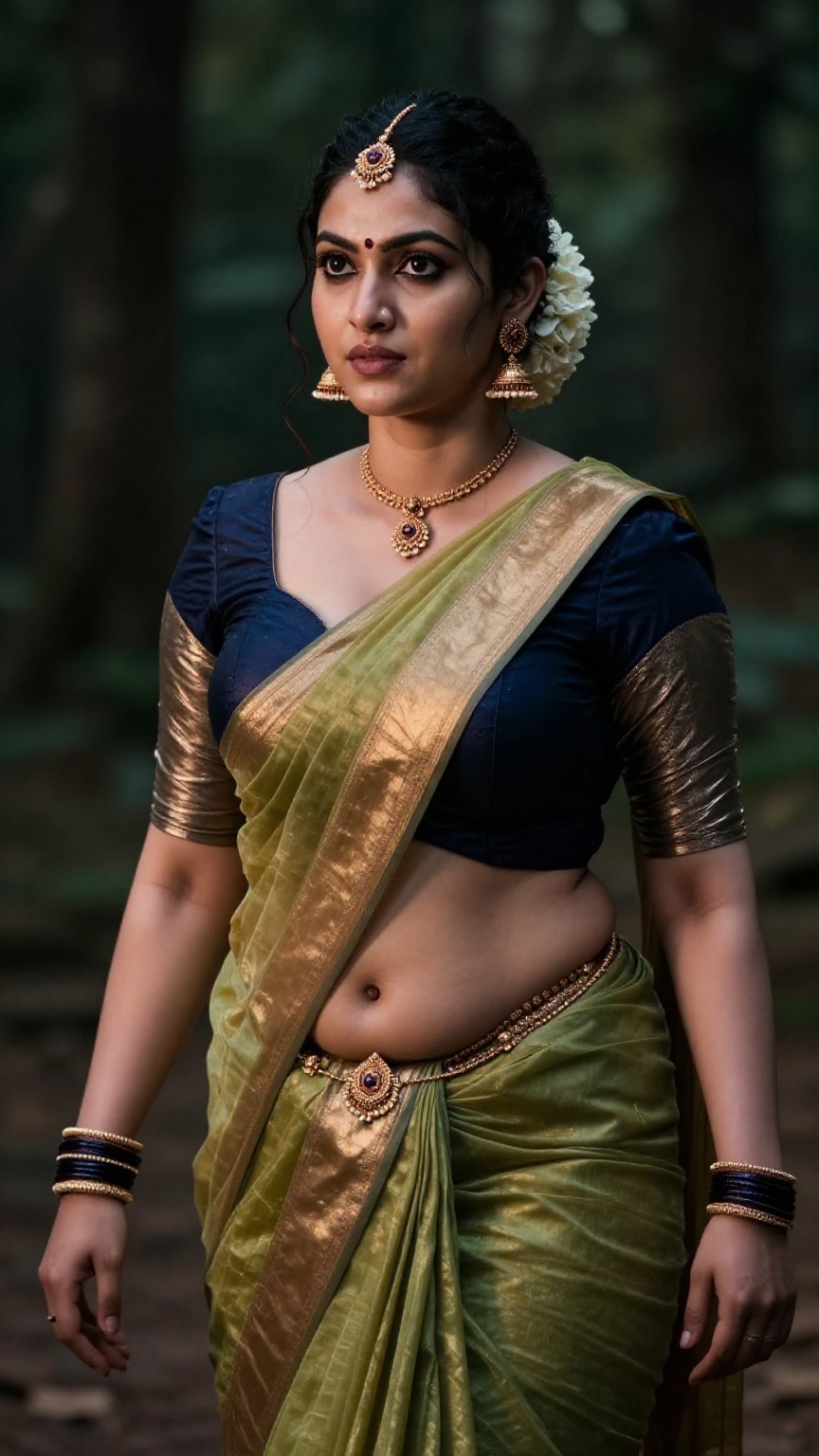 Create a curvy woman with enormous breasts,  saree and blouse,  Low waisted saree on Tensor.Art