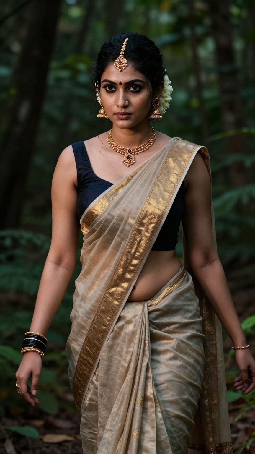 Create a young woman adorned in a traditional Kerala saree and blouse. The saree is low-waisted,  revealing a hint of her...