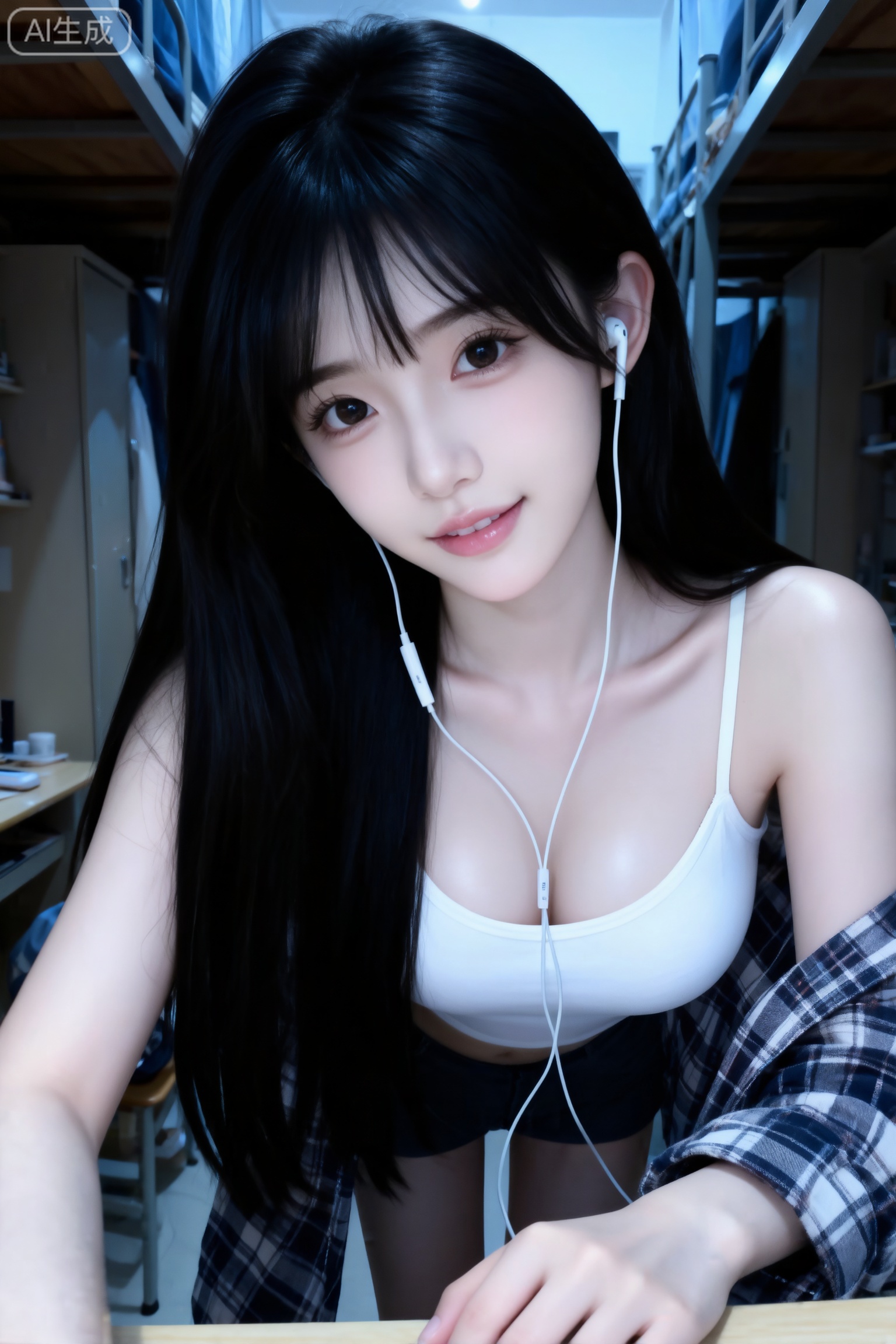 杰作级画质,顶级图像精度,超高清细节渲染,单人女性角色,（乌黑亮丽的长发：1.4）,（比例优越的纤细长腿：1.3）,（肌肤白皙光滑的匀称美腿：1.4）,（挺拔饱满的D 罩杯曲线：1.4）,（精致立体的美颜五官：1.4）,黄金比例惹火身段,体态窈窕挺拔,气质明艳动人,长相精致,皮肤瓷白、细腻、透亮泛着莹润光泽,一个女孩,
宿舍自拍人像,画质细腻,环境冷光为主,色调偏冷但柔和,带有日常纪实滤镜感。人物为年轻亚洲女性,黑色长发,脸型小巧,五官清秀,穿着格子衬衫内搭白色衣物,戴着白色有线耳机。人物自拍视角,头部微侧,眼神看向镜头,表情温和自然。近景镜头,人物占据画面主要部分,背景为宿舍内场景,体现青春随性氛围。傲人的身材。摆着可爱的pose。双手趴在书桌上。