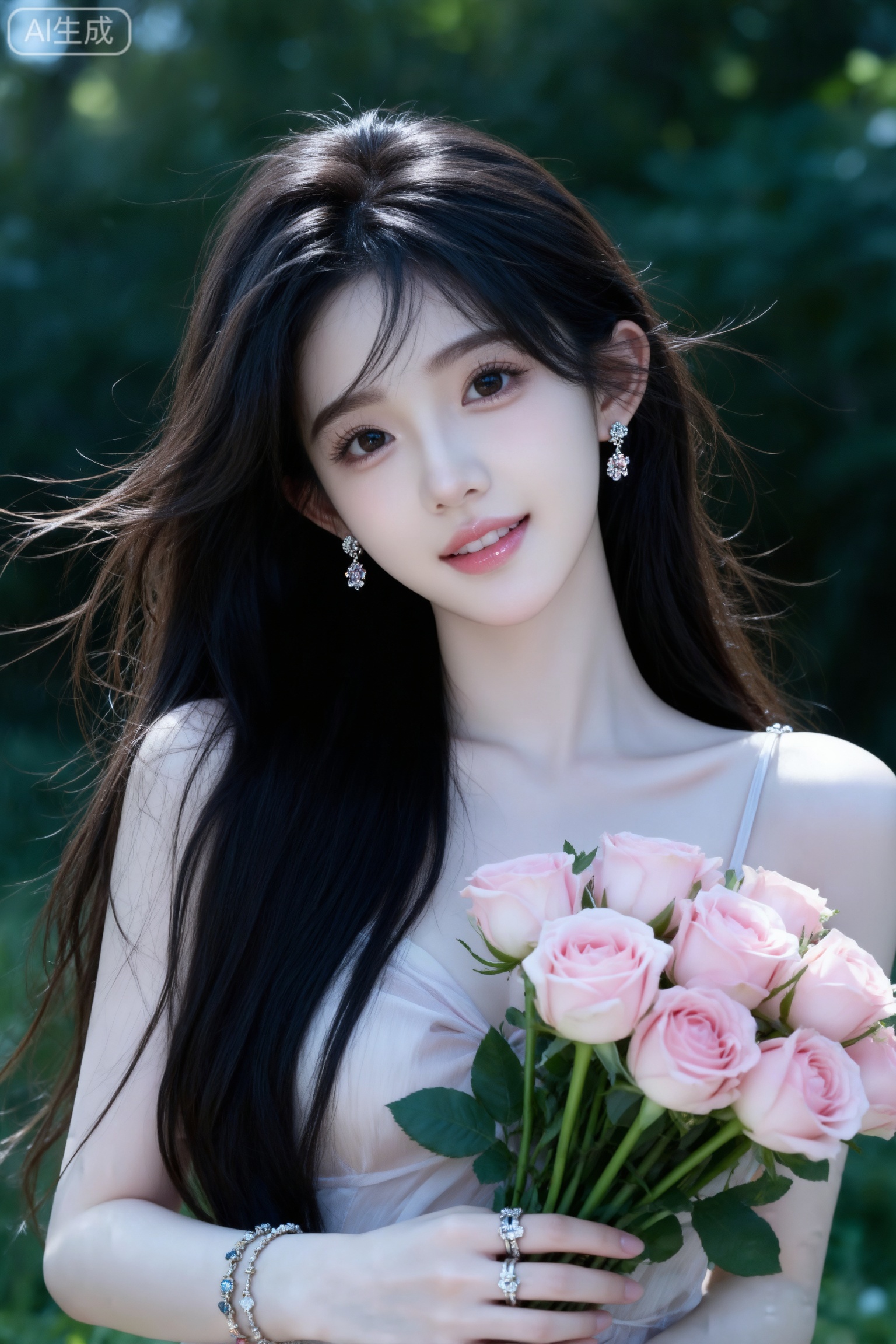 杰作级画质,顶级图像精度,超高清细节渲染,单人女性角色,（乌黑亮丽的长发：1.4）,（比例优越的纤细长腿：1.3）,（肌肤白皙光滑的匀称美腿：1.4）,（挺拔饱满的D 罩杯曲线：1.4）,（精致立体的美颜五官：1.4）,黄金比例惹火身段,体态窈窕挺拔,气质明艳动人,长相精致,皮肤瓷白、细腻、透亮泛着莹润光泽,一个女孩,
真实摄影,头部特写,亚麻色长发,佩戴耳饰、手链、戒指,身穿吊带长裙,手持粉色玫瑰花束,背景是户外绿意,整体风格优雅、浪漫,充满鲜花结合的氛围感,（电影级面光：1.6）,（光线追踪：1.5）,（冷白皮漫感质感的光滑皮肤：1.7）,（人物有最好的骨相：1.2）,（网感脸：1.6）,（网感妆：1.6）身材完美,莫兰迪配色,高颜值网红,INS风,幼态脸,19岁女生尖下巴,三庭五眼比例均衡,身材娇小,细腻陶瓷水嫩肌肤,偏冷白皮,随机的妆容,随机的饰品,随机的动作,侧光,发丝轻飘,凌乱,随机角度拍摄,总体有很多的不确定性,但又好看,
风格甜美少女系,氛围慵懒俏皮,东方美女,年轻娇小,发丝呈现出自然的蓬松感与垂坠感,长发散落于肩头两侧,几缕发丝拂面,冷白皮气质美女,纯欲风,皮肤白皙,偶像气质,fairskin,气质的江南美女子,有点甜美,皮肤美白透亮,表情可爱,甜美氛围,细腻笔触,独特韵味的美,可爱表情
