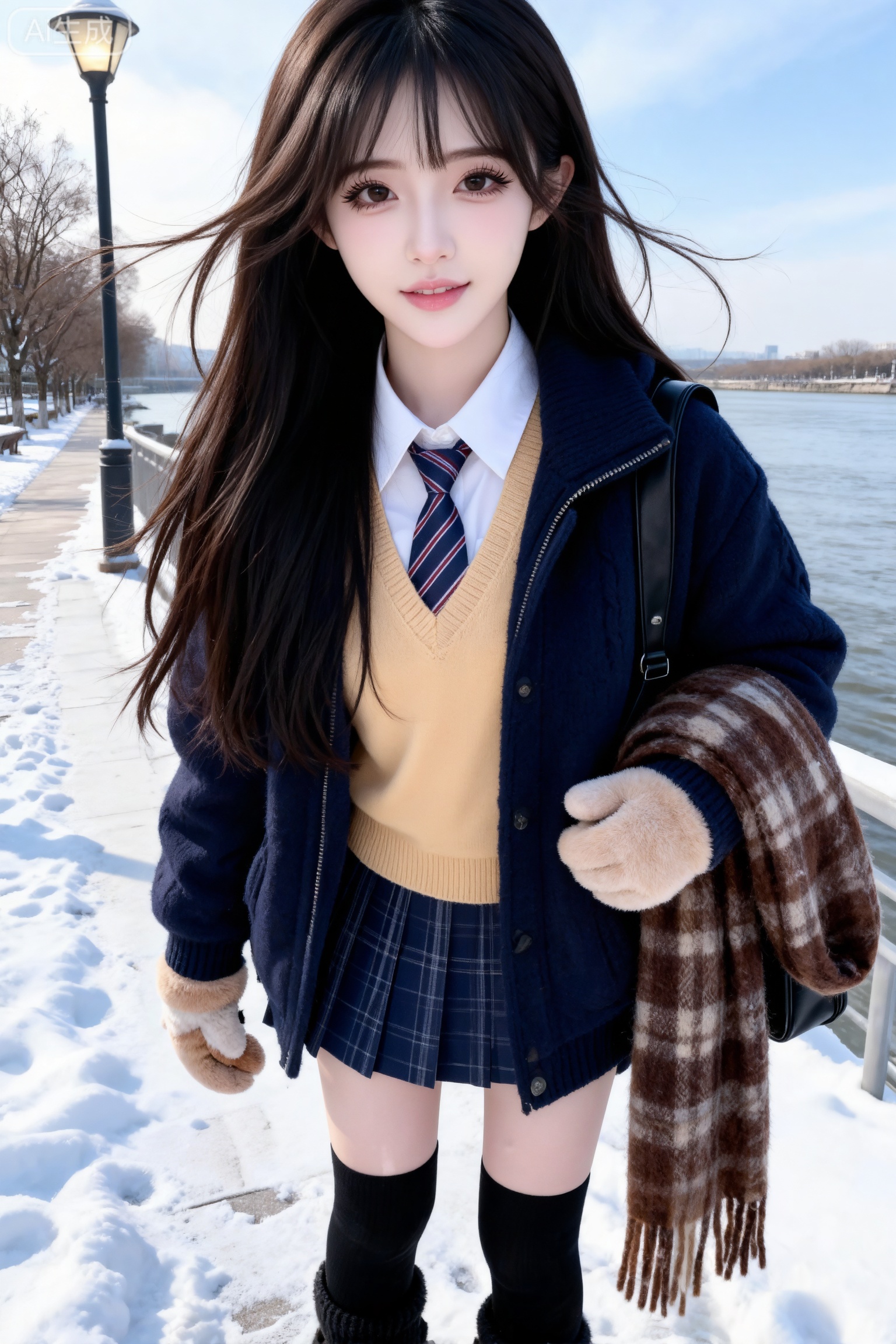 杰作级画质,顶级图像精度,超高清细节渲染,单人女性角色,（乌黑亮丽的长发：1.4）,（比例优越的纤细长腿：1.3）,（肌肤白皙光滑的匀称美腿：1.4）,（挺拔饱满的D 罩杯曲线：1.4）,（精致立体的美颜五官：1.4）,黄金比例惹火身段,体态窈窕挺拔,气质明艳动人,长相精致,皮肤瓷白、细腻、透亮泛着莹润光泽,一个女孩,
可爱女学生,戴着可爱毛绒手套,身穿藏青色厚重针织外套、杏色毛衣背心和白色衬衫内搭、条纹领带、藏青色格纹短裙、黑色加厚长筒袜,背着黑色包,胳膊挽着咖色格子的厚围巾,
站在雪后的江边步道上,背景有路灯、树木、江面与天空,氛围清冷孤寂,写实风格,近景微距人脸特写。
湛佳琳CCD风格,清新自然风格,简洁明快氛围,构图平衡,光影突出人物主体,
深色长发,年轻娇小,发丝呈现出自然的蓬松感与垂坠感,长发散落于肩头两侧,几缕发丝拂面,冷白皮,纯欲风,网感妆,卧蚕妆,偶像气质,fairskin,光滑,水润质感,陶醉