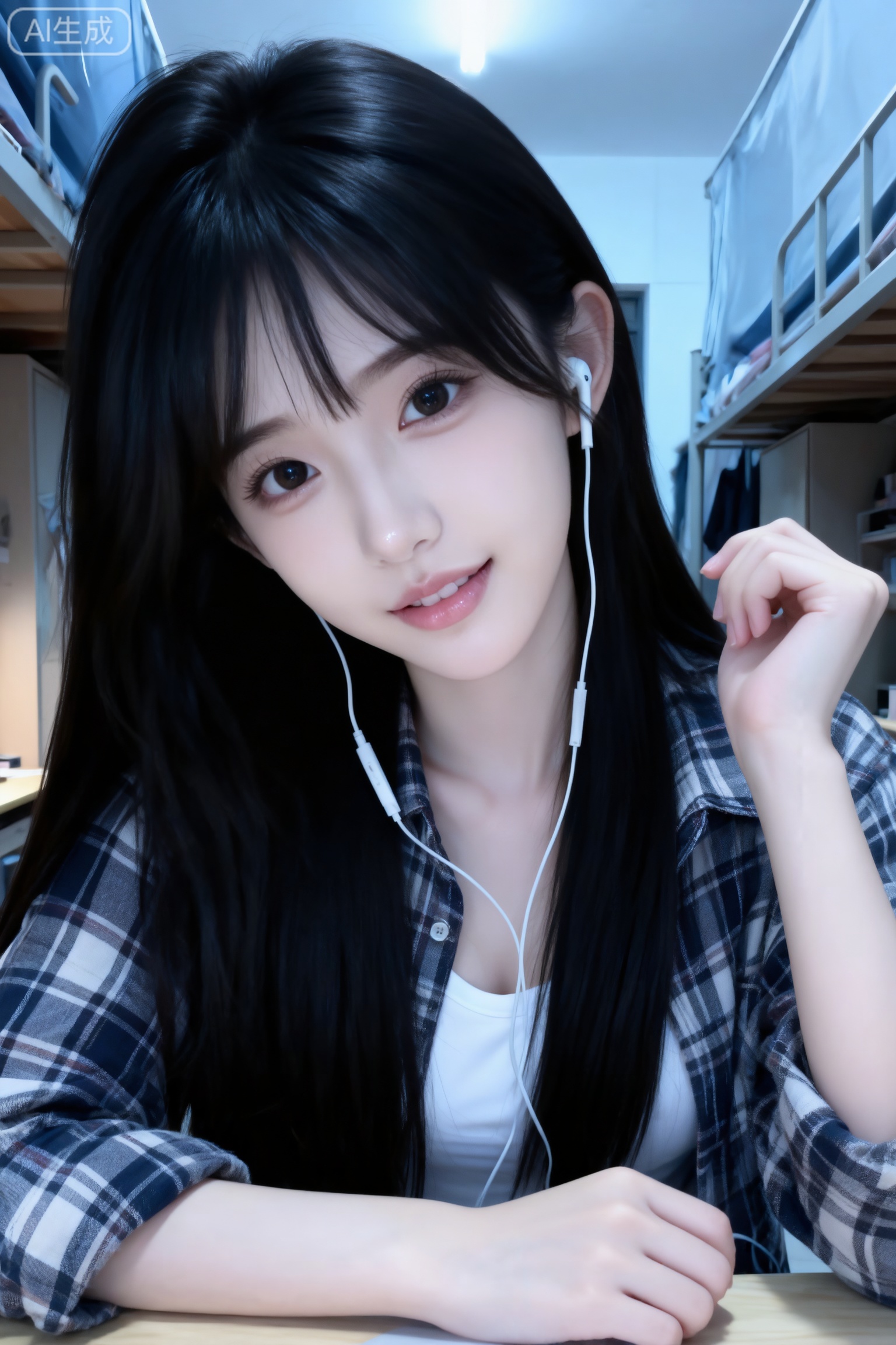 杰作级画质,顶级图像精度,超高清细节渲染,单人女性角色,（乌黑亮丽的长发：1.4）,（比例优越的纤细长腿：1.3）,（肌肤白皙光滑的匀称美腿：1.4）,（挺拔饱满的D 罩杯曲线：1.4）,（精致立体的美颜五官：1.4）,黄金比例惹火身段,体态窈窕挺拔,气质明艳动人,长相精致,皮肤瓷白、细腻、透亮泛着莹润光泽,一个女孩,
宿舍自拍人像,画质细腻,环境冷光为主,色调偏冷但柔和,带有日常纪实滤镜感。人物为年轻亚洲女性,黑色长发,脸型小巧,五官清秀,穿着格子衬衫内搭白色衣物,戴着白色有线耳机。人物自拍视角,头部微侧,眼神看向镜头,表情温和自然。近景镜头,人物占据画面主要部分,背景为宿舍内场景,体现青春随性氛围。傲人的身材。摆着可爱的pose。双手趴在书桌上。